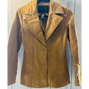 1980's Guess Vintage Heavy Belted Leather Jacket Camel Color Button Embossed XS